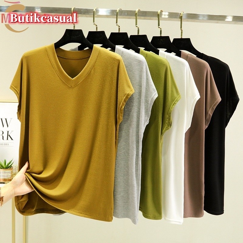 ผู้หญิง modal cotton T เสื้อแขนสั้นเสื้อยืดเสื้อหลวมธรรมดา V คอ tshirt เกาหลี Plus ขนาดเสื้อยืดลําลอ