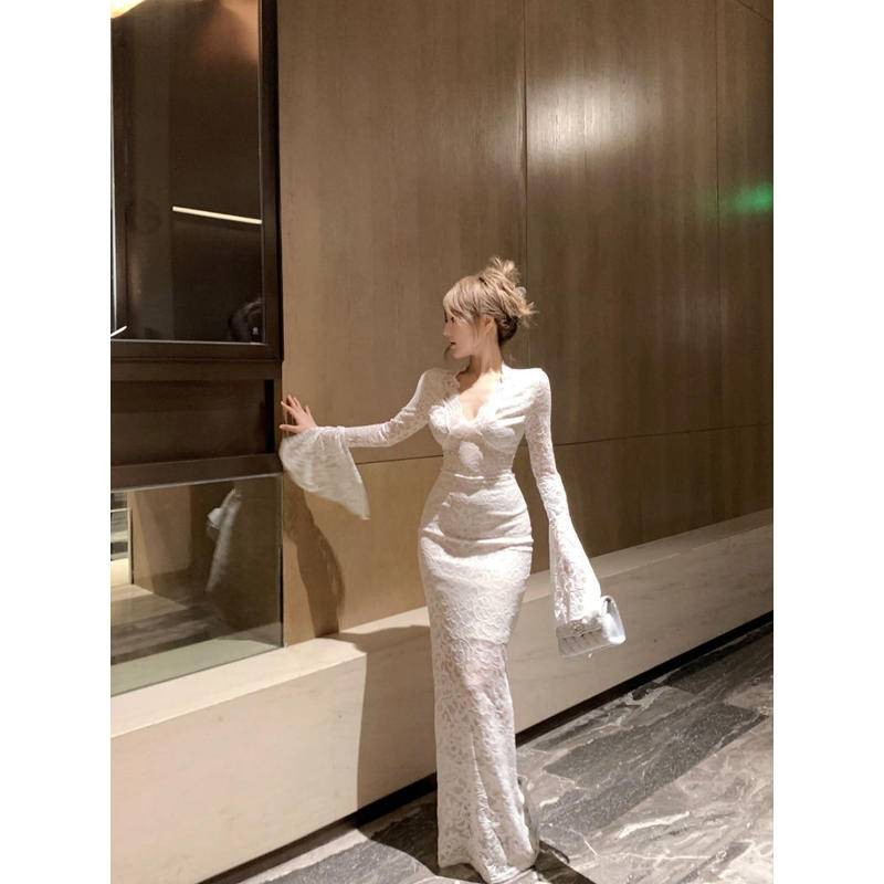 Xyzkuli Retro ชุดลูกไม้สีแดงผู้หญิงฤดูใบไม้ร่วงแขนยาวแคบ-เอว Slim-Fit กระโปรง French Royal Sister อารมณ์สะโพก ราคา ถูกที่สุด ดีลบีเคเค แกลเลอรีภาพที่ 7