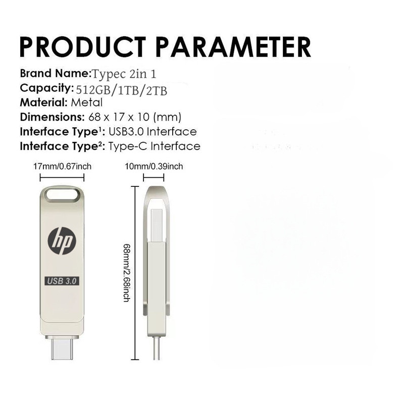Hp 1TB 2TB USB Stick Key 2 IN 1 OTG แฟลชไดรฟ์ USB ไดรฟ์ปากกาเก็บแฟลชดิสก์ Type-C รองรับ iPhone15/16 iPad