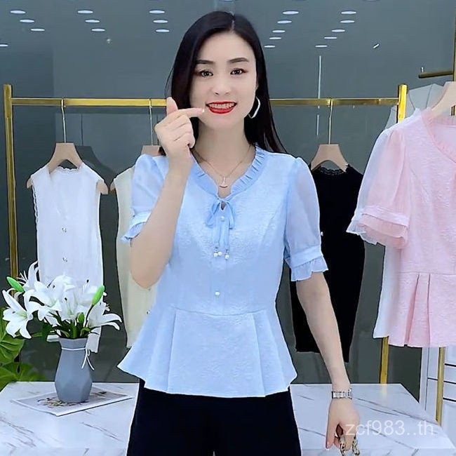 เสื้อเชิ้ตผ้าชีฟองลายนูนผู้หญิงแขนสั้นแบบบาง2025ฤดูร้อนแบบใหม่สำหรับคนตัวเล็กเดรปแมทช์ลุคง่ายเสื้อแฟชั่นปกปิดเนื้อ