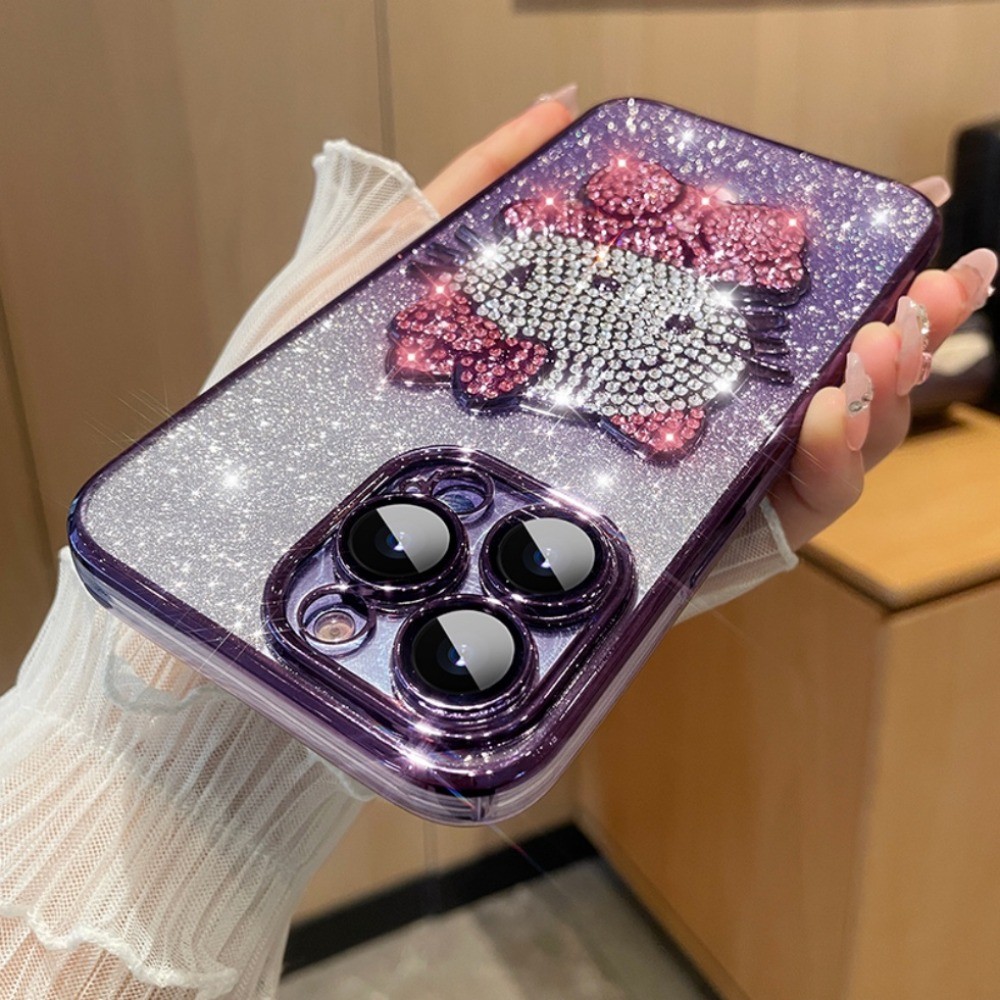 แวววาวชุบเงาเพชร สวัสดี คิตตี้ เคสโทรศัพท์สําหรับ ไอโฟน 16 11 12 13 14 15 มือโปร สูงสุด 16 บวกคลุมทั้งหมดกล้องเลนส์ป้องกันฟิล์ม ทีพียู ปลอกกันกระ