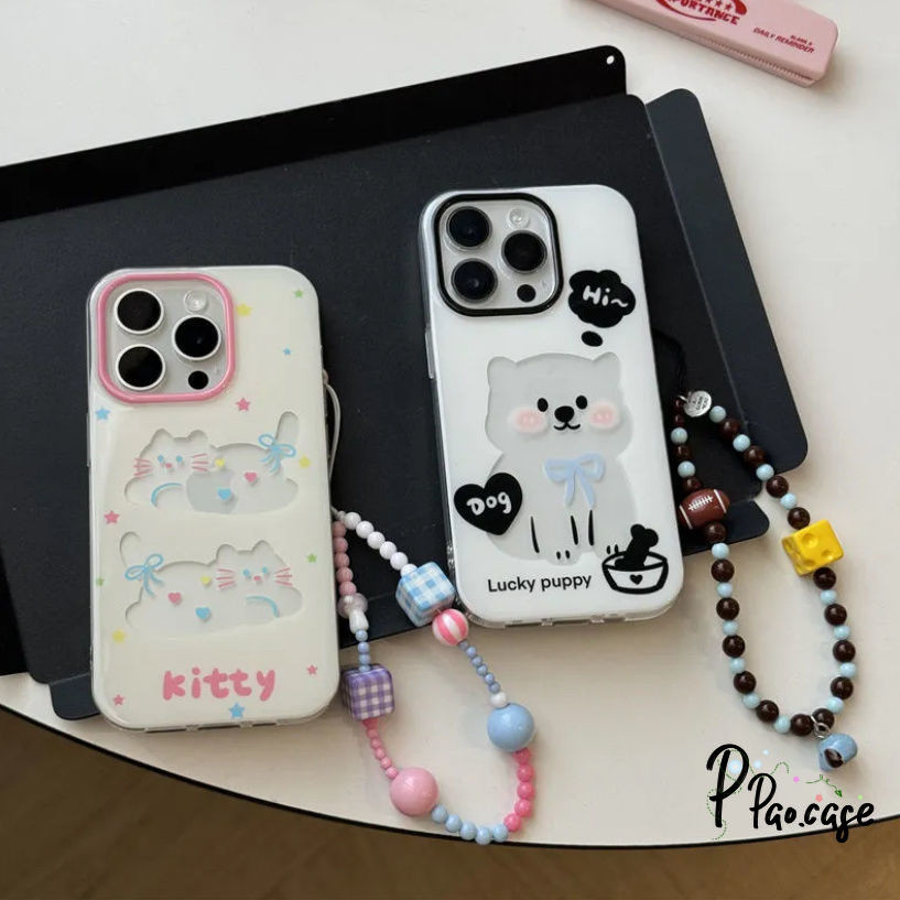 การ์ตูนลูกสุนัขลูกแมวเข้ากันได้เคสไอโฟน XR 11 13 15 14 12 Pro Max 11 12 Pro 15 8 7 14 Plus X XS Max SE สร้อยข้อมือเคส