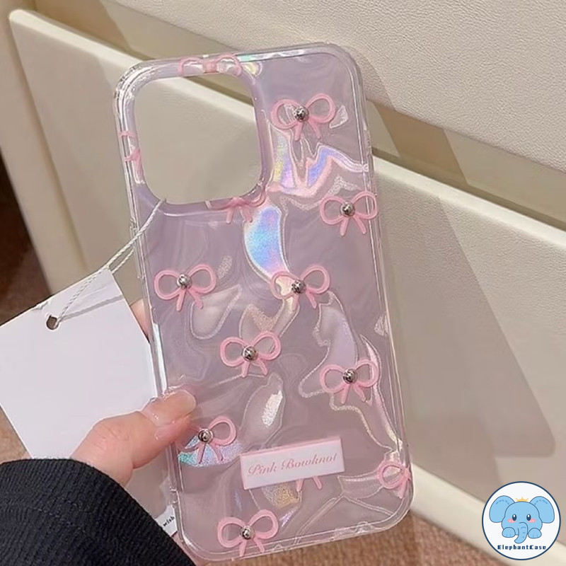 โบว์สีชมพูหวานเข้ากันได้เคสไอโฟน 13 11 16 15 12 14 Pro Max XR 16 8 7 Plus X XS Max SE 2020 ไข่มุกแฟชั่นเงาลูกฟูกเคส