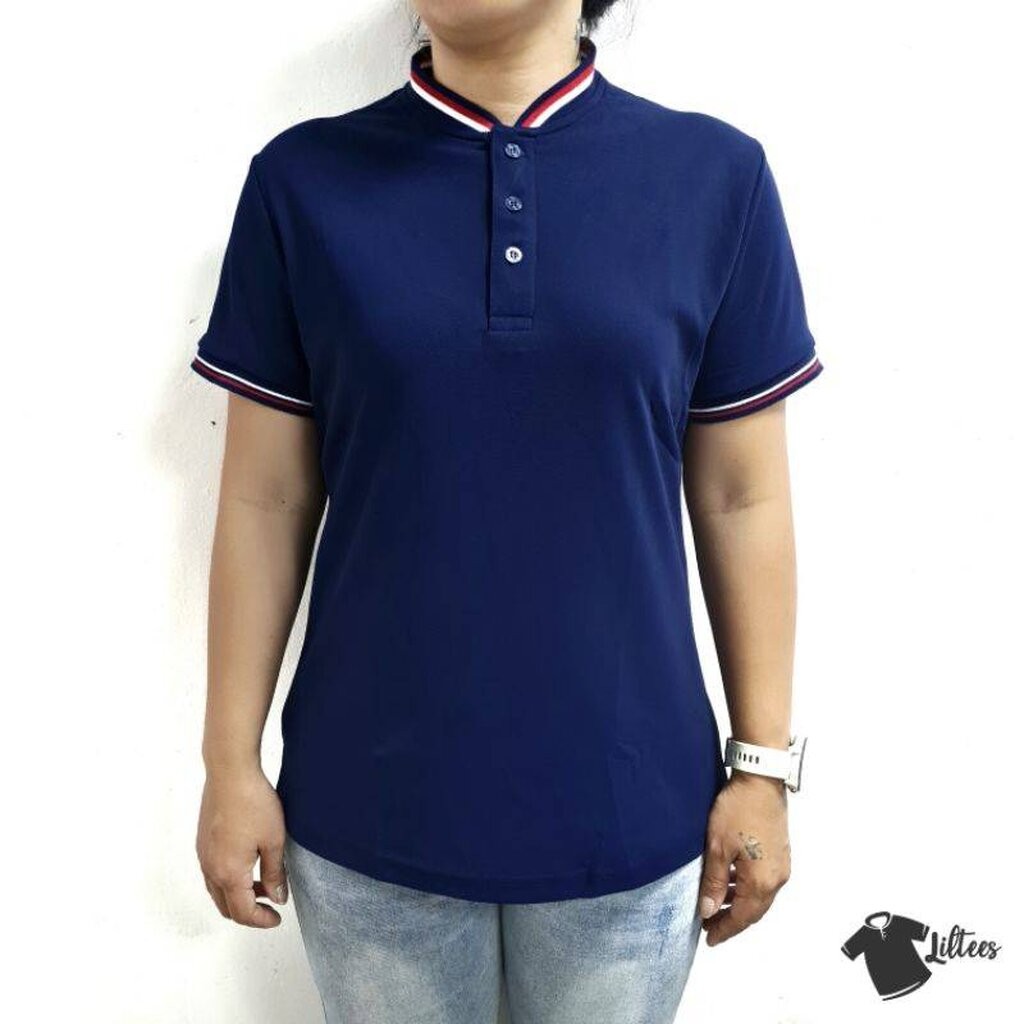 เสื้อโปโล เสื้อคอจีน เสื้อปกเบสบอล เสื้อคอปก แขนสั้น สีกรมท่า ขลิบขาว-แดง | Kaneko MC