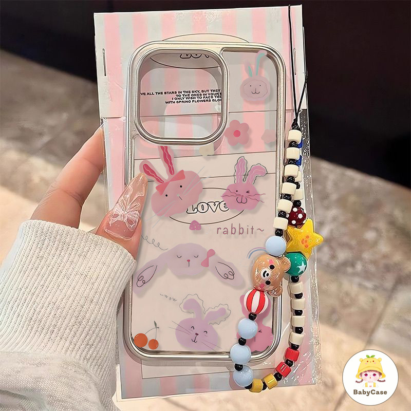 การ์ตูนน่ารักกระต่ายหวานสร้อยข้อมือโปร่งใส เคส iPhone 13 11 16 15 14 12 Pro Max 16 7 8 15 14 Plus XR X XS MAX SE 2020