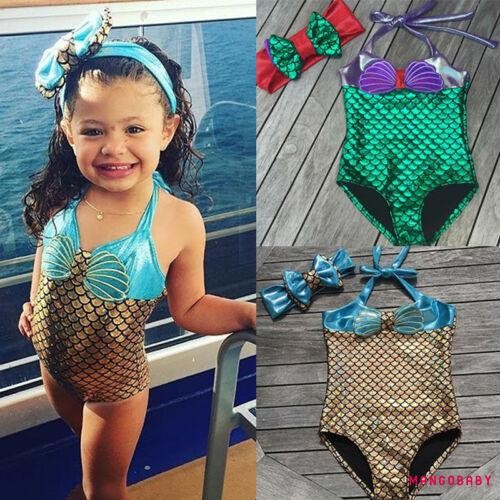 (จัดส่งในกรุงเทพฯ)-เด็ก สาว One Piece บิกินี่ Shellfish Scale Mermaid Print Lace-up ชุดว่ายน้ําเสื้อผ้าฤดูร้อน