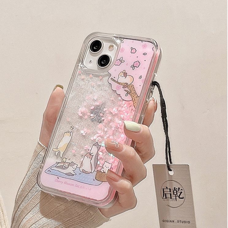 สําหรับ IPhone11/12/13ProMaxX/XR/XSMAX, 7/8Plus IPhone 14/15/16ProNew แฟชั่น Premium Trend Boy Girl All Pack Drop Resistance เคสป้องกัน, Quicksand Pink Sakura ลูกแมว