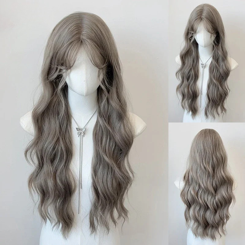 วิกผมสีเทายาวหยักผมหยิกวิกผมสังเคราะห์สีเทาคอสเพลย์ 26 นิ้วคอสเพลย์ Peruca Lolita Pelucas De Mujer คลื่นน้ํา