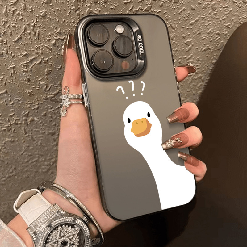 โลหะชุบโลหะด้วยไฟฟ้า ไอโฟนหมีสีชมพูfor 11 iPhone 12 13 14 15Pro MAX X XS XR 7 8Plusลูกเป็ดสีขาว