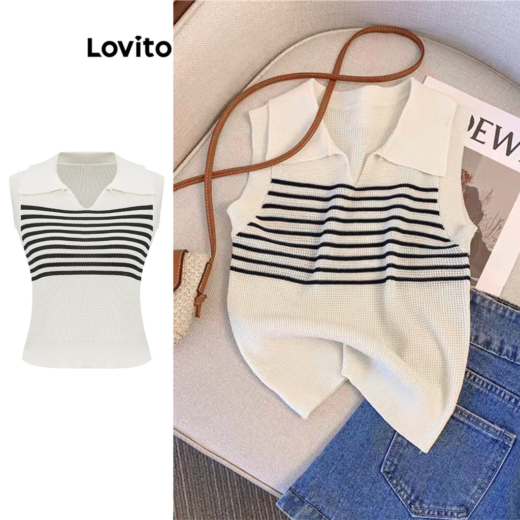 Lovito เสื้อถักลายทางสีตัดกันแบบลำลองสำหรับผู้หญิง L108ED018
