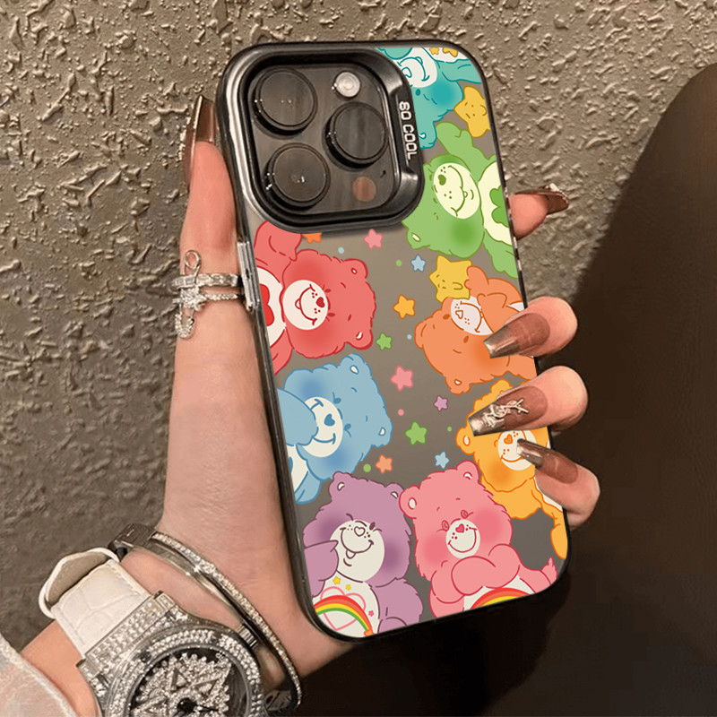 เคสไอโฟน16 สีดำหรูหราซิลิโคนแข็งกรณีโทรศัพท์ for IPhone 13 15 7Plus 14 12 11 16 Pro MAX 8 6 7 Plus หมีสีรุ้งมีความสุข