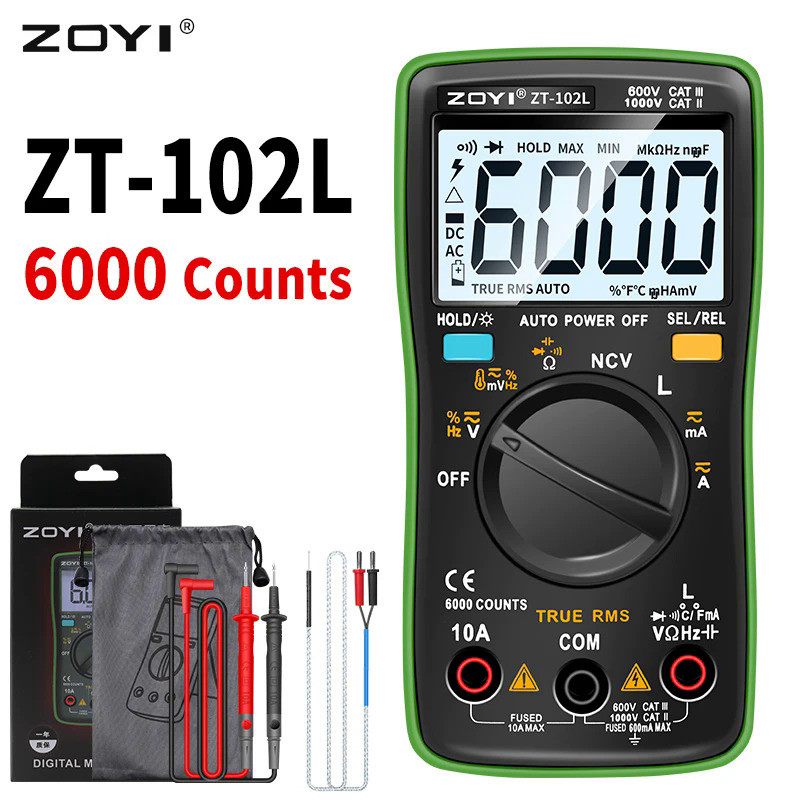 ZOYI New ZT102L Digital Multimeter 6000 Counts Auto Range Backlight AC/DC Ammeter Volt Ohm Tester Po