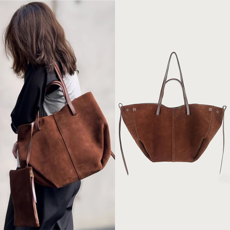 POLENE ใหม่ Tote Bag, French Niche Suede Wing Bag, กระเป๋าสะพายความจุขนาดใหญ่กระเป๋าถือ
