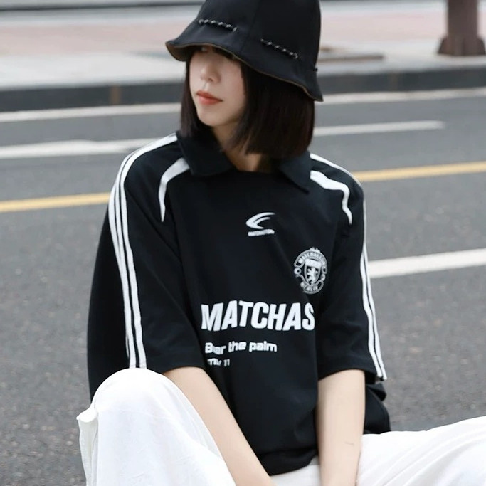 BECoolMan-เสื้อโปโลปกฮิปฮอปคู่รัก  เสื้อยืดทรงหลวมสไตล์ย้อนยุค  ชุดแข่ง ยอดนิยม ขยายใหญ่  กีฬาแมทช์ง่าย