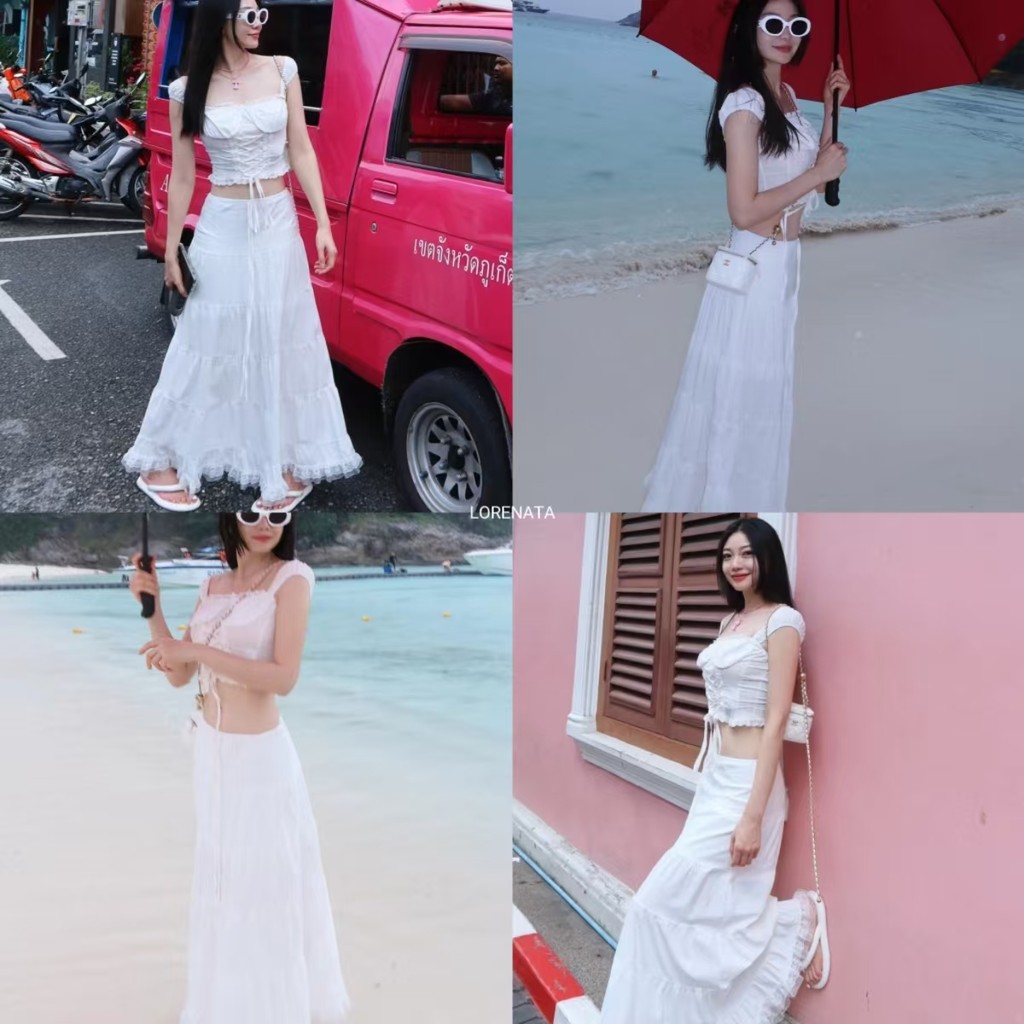 (จัดส่งด่วนจากกทม.) LORENATA สไตล์ใหม่ของผู้หญิง เสื้อกั๊กสั้นแขนกุด+กระโปรงยาวลูกไม้ลำลอง-RR045