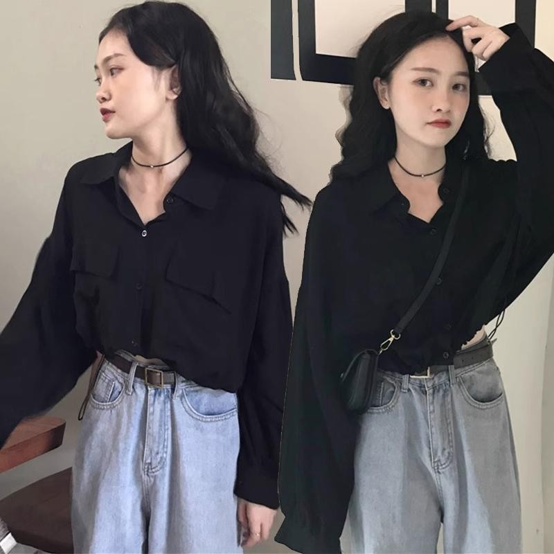 ohho เสื้อเชิ้ตผู้หญิง แขนยาว เสื้อครอปทรงสวยลำลองสีดำ แฟชั่น แต่งกระเป๋าสองข้างมีเชือกรุดตรงชายเสื้อ#W299 Women