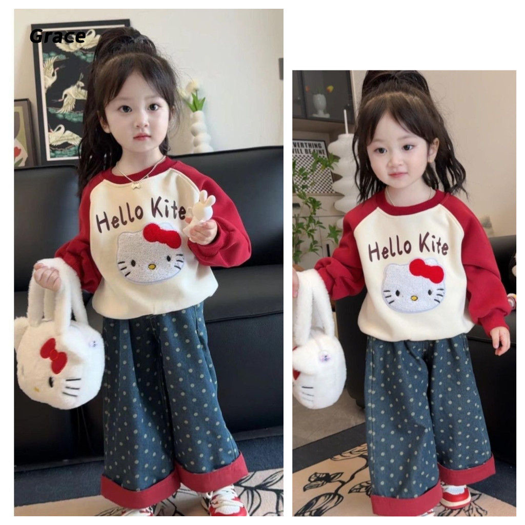 [Grace] ชุดสูทสาวเกาหลีฤดูใบไม้ร่วง 2024 เด็กใหม่เสื้อสเวตเตอร์น่ารัก+กางเกงลายจุดชุดสูทสองชิ้น... GR082#
