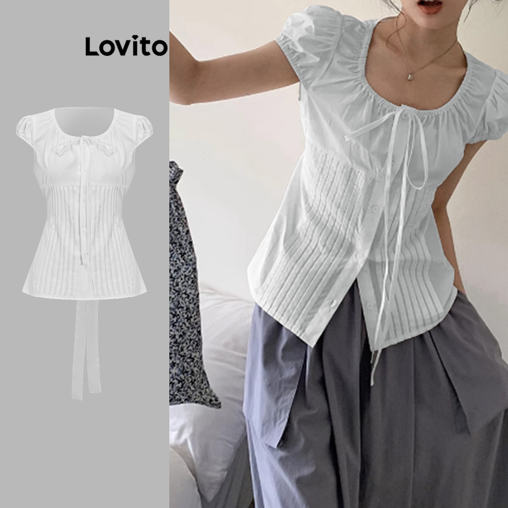 Lovito เสื้อเบลาส์จีบลูกไม้ธรรมดาสำหรับผู้หญิง L85AD028(หลากสี)