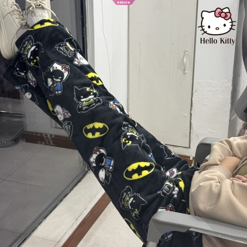 ฤดูหนาวการ์ตูนอบอุ่นชุดนอนกางเกงแบทแมนhello Kittyกางเกงชุดนอนขนแกะปะการังการ์ตูนสักหลาดKTแมวซับขนแกะหนาหลวมตรงกางเกงบ้านสบายๆ