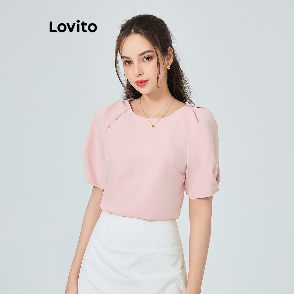 Lovito เสื้อเบลาส์ผู้หญิง แต่งจีบ สีพื้น สไตล์หรูหรา 89ED265