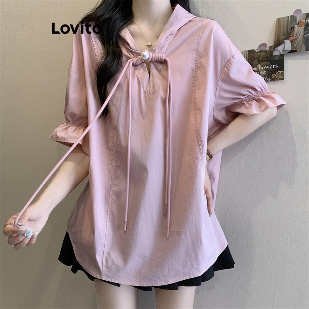Lovito เสื้อเบลาส์ผู้หญิง แต่งถัก จีบย่น สีพื้น LNA64338