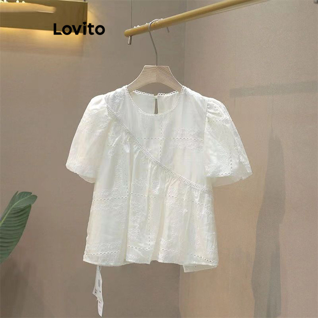 Lovito เสื้อเบลาส์จีบแบบลำลองสำหรับผู้หญิง LNM70216