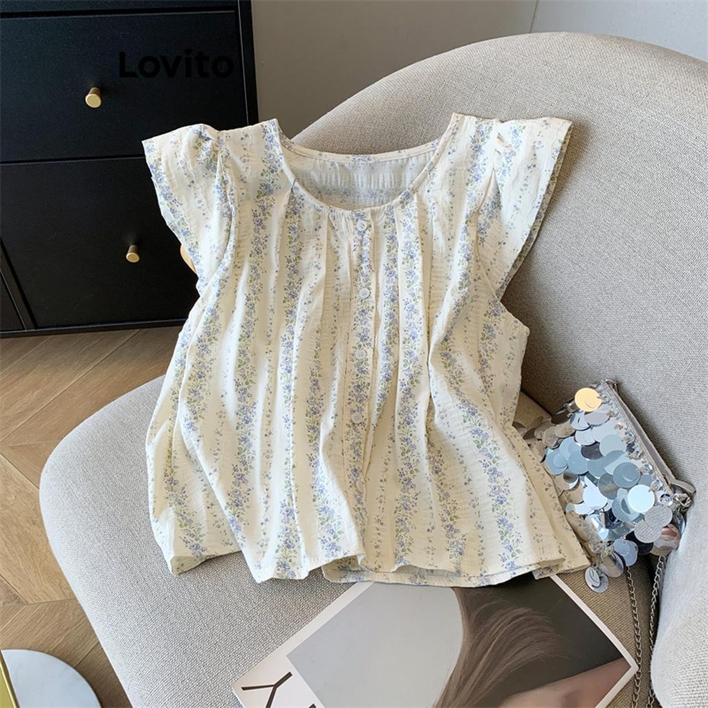 Lovito เสื้อเบลาส์ลายดอกไม้ ดิทซี่ แบบสบาย ๆ สำหรับผู้หญิง LNM74087