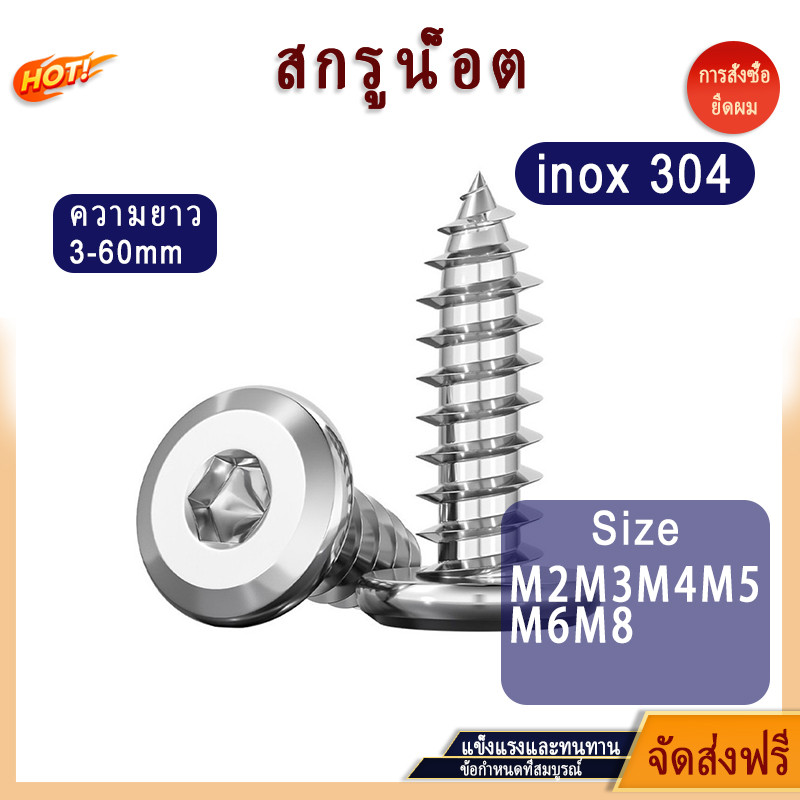 [aaa2] INOX/สแตนเลส 304,Chamfered/สกรูซ็อกเก็ต,สกรูแตะด้วยตนเอง,Size M2/M3/M4/M5/M6/M8,ความยาว 3-60m