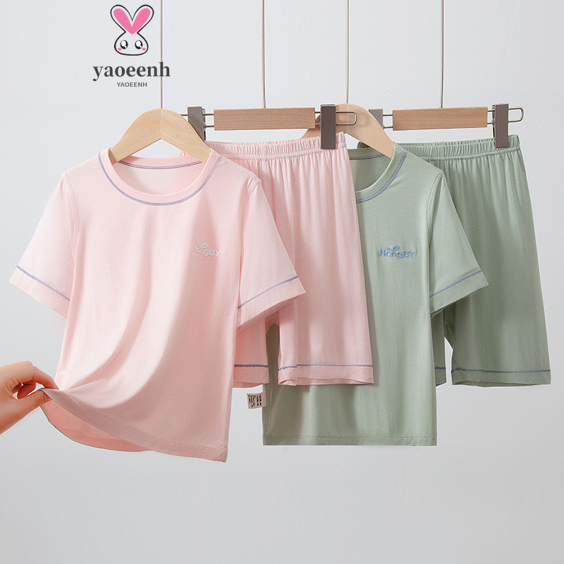 120-170 ซม.ฤดูร้อนพ่อแม่และลูกสีทึบสบายๆ Loungewear กลางเด็กใหญ่หลวม Modal ชุดนอนชุดสองชิ้น Re