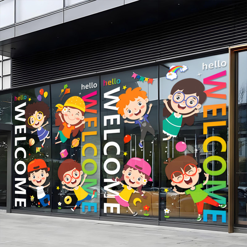 อนุบาลสติกเกอร์แก้วโรงเรียนการ์ตูนห้างสรรพสินค้าสนามเด็กเล่นประตูกระจกตกแต่งเด็กธีมยินดีต้อนรับตกแต่ง - รูปที่ 4