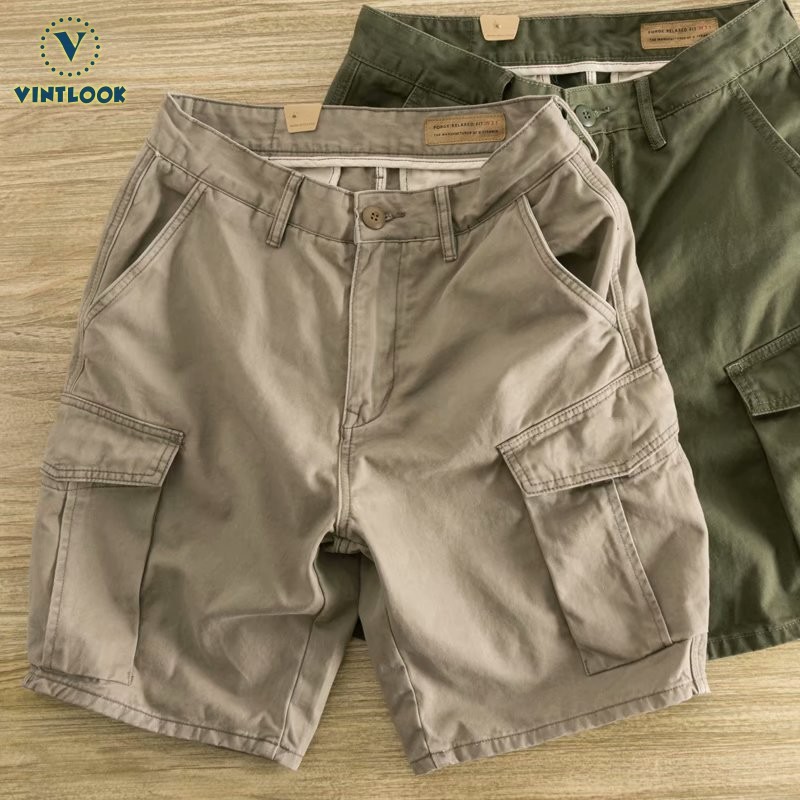 VINTLOOK กางเกงขาสั้นคาร์โก้ผู้ชาย หลวม ย้อนยุค กางเกงลําลองขาสั้น