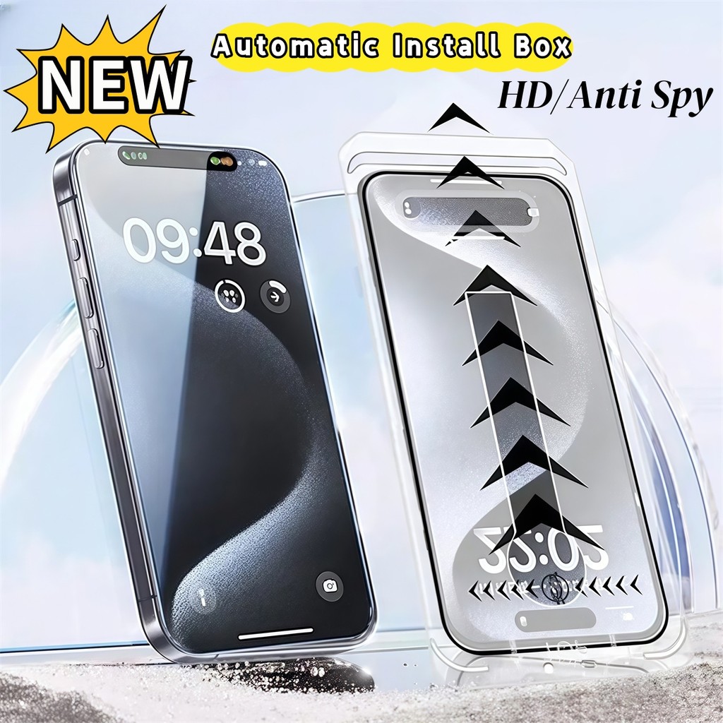 ใหม่ป้องกันหน้าจอ Auto ติดตั้งกล่องสําหรับ IPhone 16 12 13 14 15 11 Pro Max Plus 16e กระจกนิรภัย Anti Spy ความเป็นส่วนตัวคลุมทั้งหมด
