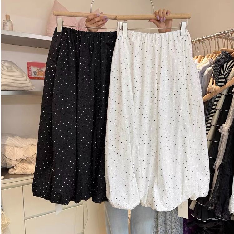 ฤดูใบไม้ผลิฤดูร้อนสไตล์เกาหลีใหม่ กระโปรงเอวสูงหลวม ดีไซน์ยืดหยุ่น ลดอายุ สบายๆ สำหรับผู้หญิง กระโปรงลายจุดแบบพอง A-line เสื้อกั๊ก UWWW