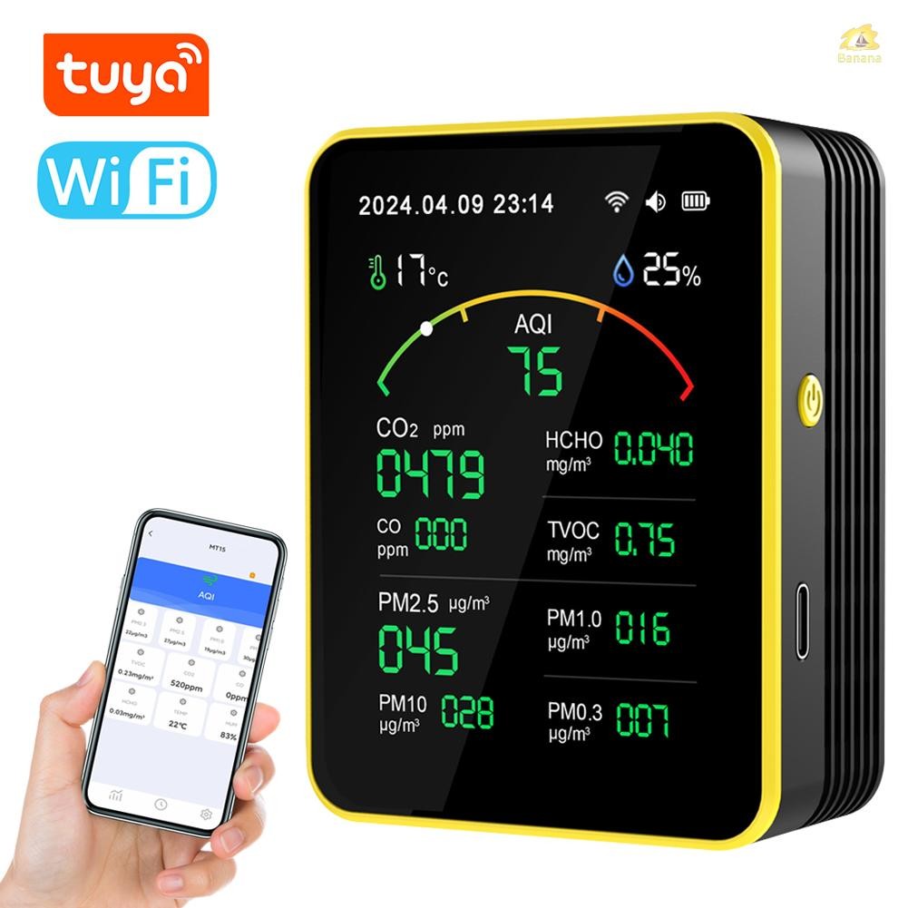 Tuya WiFi15in1 Air คุณภาพเครื่องตรวจจับแบบพกพา AQI PM0.3 PM1.0 PM2.5 PM10 CO CO2 TVOC HCHO เครื่องทด