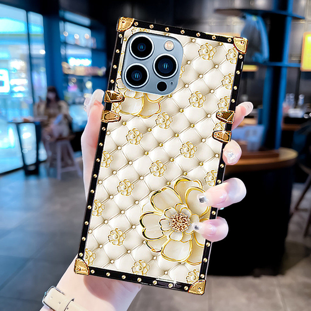 ปลอกสําหรับ Xiaomi Redmi 14C A5 13C 13 12C 12 10C 10A 9C 9A Redmi หมายเหตุ 14 13 12 หมายเหตุ 11 11S 10 10S แฟชั่นหรูหราดอกไม้สแควร์กันกระแทกเคสโทรศัพท์
