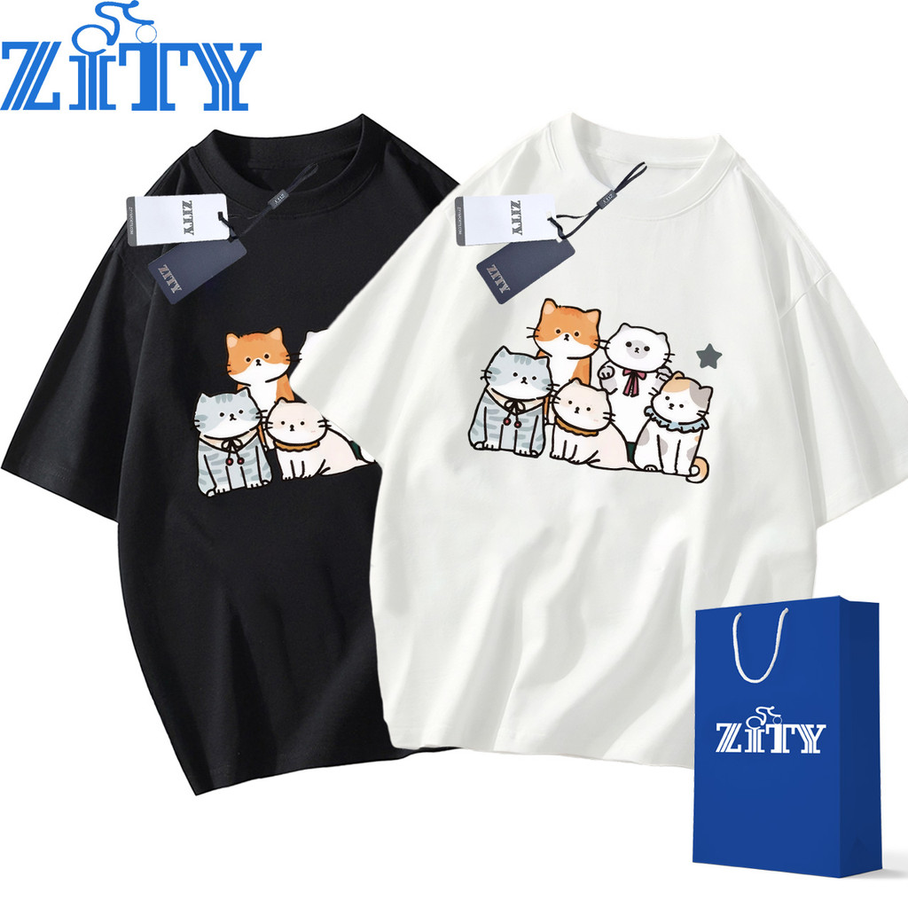 [ผ้าฝ้ายแท้ 100%] ZITY, （การส่งมอบ 24 ชั่วโมง）, Printed T-shirt, ลายการ์ตูนแมวน่ารัก, แขนสั้น, ไม่มีการเสียรูป