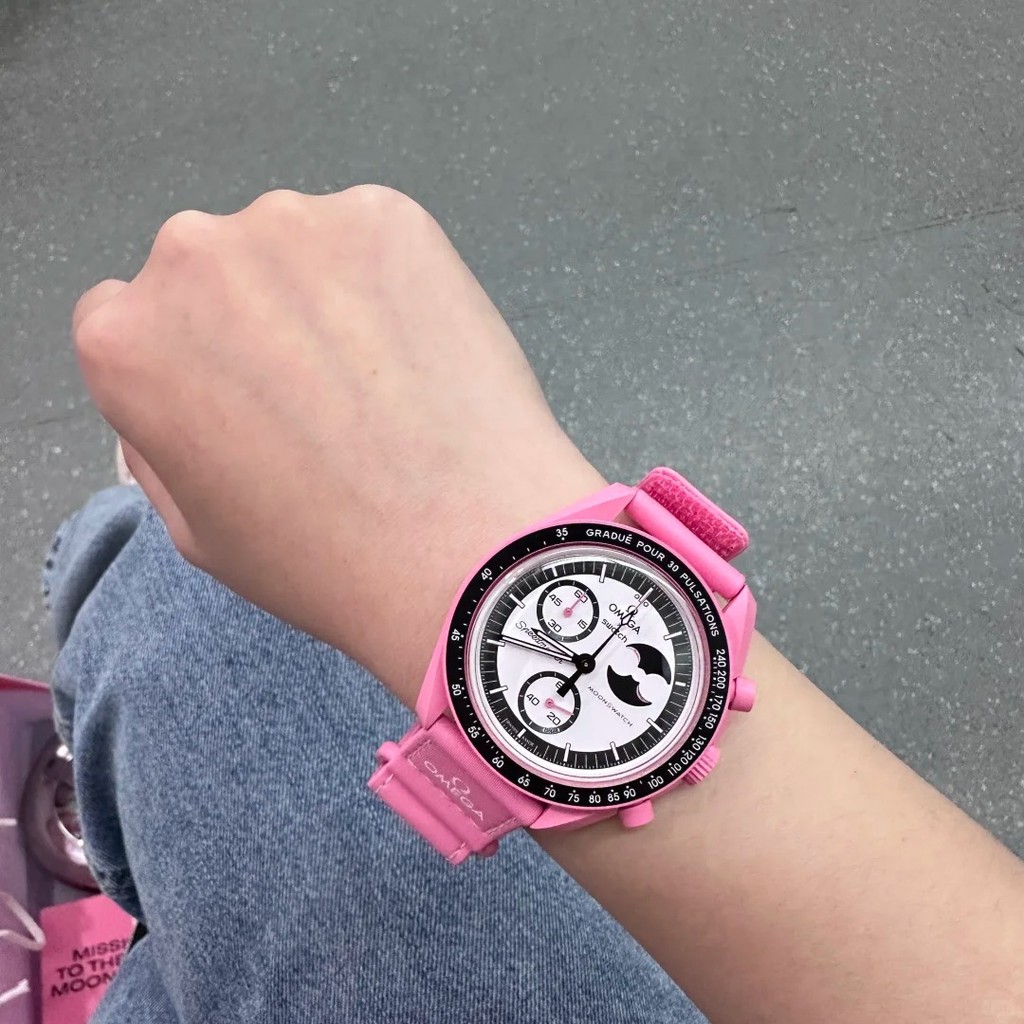 MoonSwatch MISSION TO THE PINK MOONPHASE ใหม่นาฬิกาผู้ชายฟังก์ชั่นเต็มรูปแบบ Quarz Chronograph Luminous นาฬิกาข้อมือ