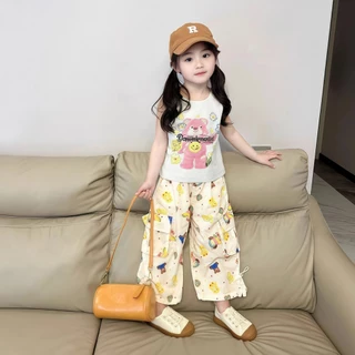 2-12 ปี ชุดเซ็ตลูกสาว เสื้อแขนกุด+กางเกงขายาว ลายการ์ตูน กางเกงลำลองสำหรับเด็กผู้หญิง แฟชั่นลำลอง