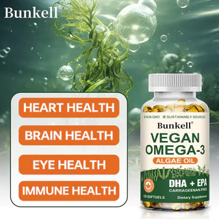 ผลิตภัณฑ์เสริมอาหาร Bunkel Vegan Omega 3, 300 มก. DHA & 150 มก. EPA - รองรับสุขภาพหัวใจ สมอง & ตา