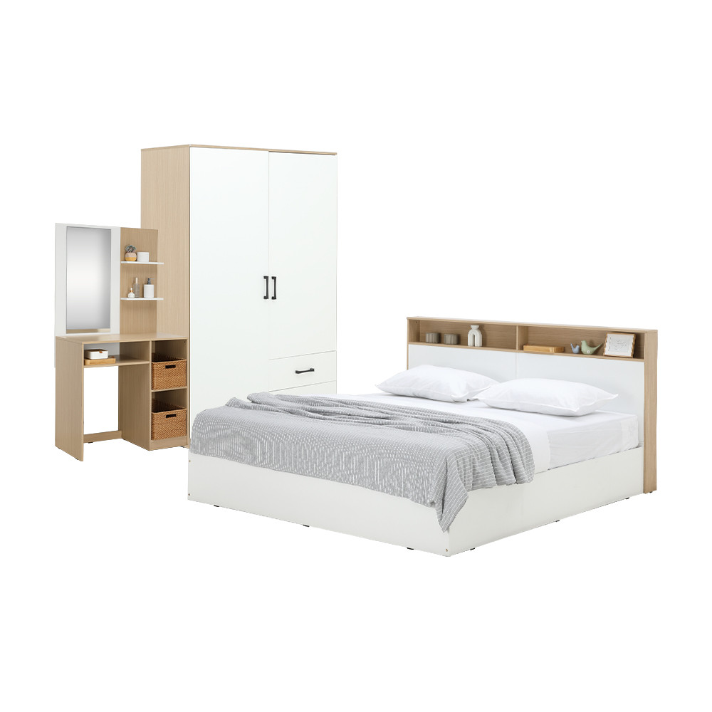 HomeHuk ชุดห้องนอน รุ่นคาร์เนชั่น+ฟินซ์ (เตียง, ตู้เสื้อผ้า 2 บาน, โต๊ะเครื่องแป้ง) - สีขาว/ธรรมชาติ - รูปที่ 2