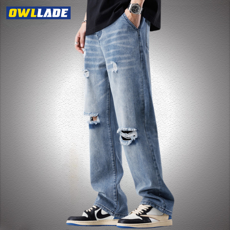 OWLLADE ขากว้างผู้ชายหลวมหลวมกางเกงยีนส์วินเทจกางเกงสําหรับชาย LK-JD192 สีฟ้า C03 2T