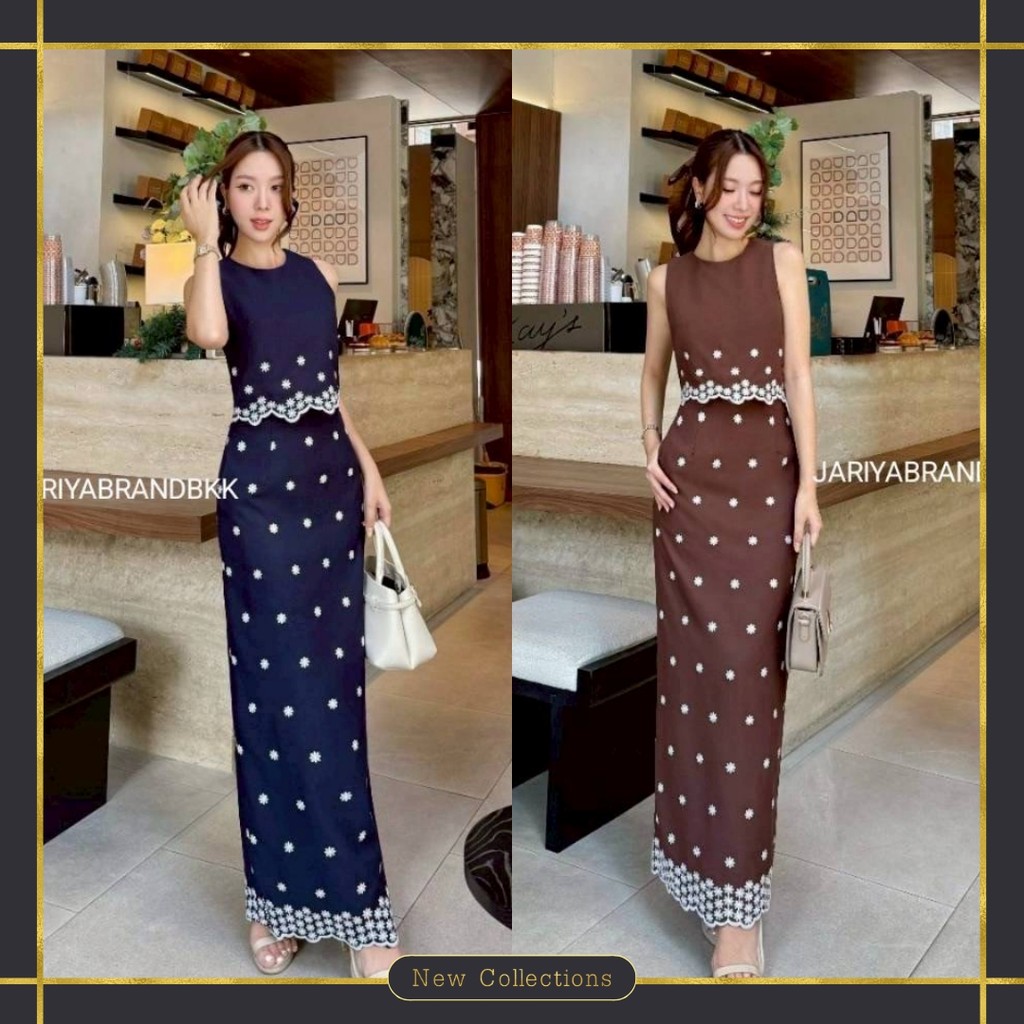 ❥S-XL ชุดเซ็ท เสื้อครอป งานปัก กระโปรงยาว ทรงสอบ งานป้าย JARIYA ชุดงานป้าย ชุดเซต สีน้ำตาล สีน้ำเงิน