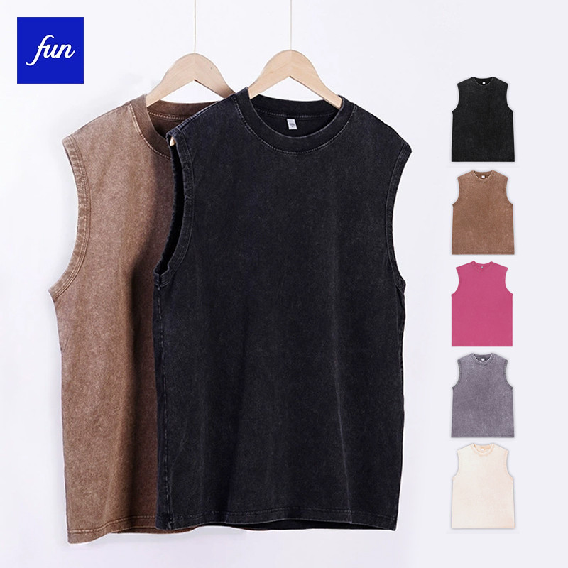 เสื้อยืดแขนกุดล้าง 240g ผ้าฝ้ายแท้ Distressed American High Street Retro หลวมเสื้อกั๊กขนาดใหญ่ oversize Top
