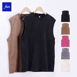 เสื้อยืดแขนกุดล้าง 240g ผ้าฝ้ายแท้ Distressed American High …