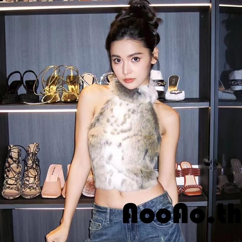 Aooao-เสื้อกั๊กผ้ากำมะหยี่พิมพ์ลายเสือดาวแขนกุดเชือกแขวนคอของผู้หญิง