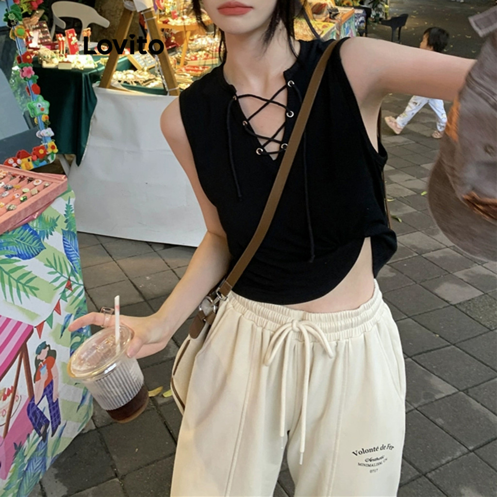 Lovito เสื้อกล้ามหญิง แบบผูกเชือก สีพื้น สไตล์ลำลอง LNE30180 (สีขาว / สีดำ)