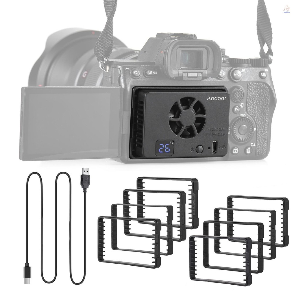 Andoer FS-06 กล้องพัดลมระบายความร้อนระบบระบายความร้อนภายนอกพร้อมจอแสดงผล OLED 8 ชิ้นอะแดปเตอร์ติดตั้
