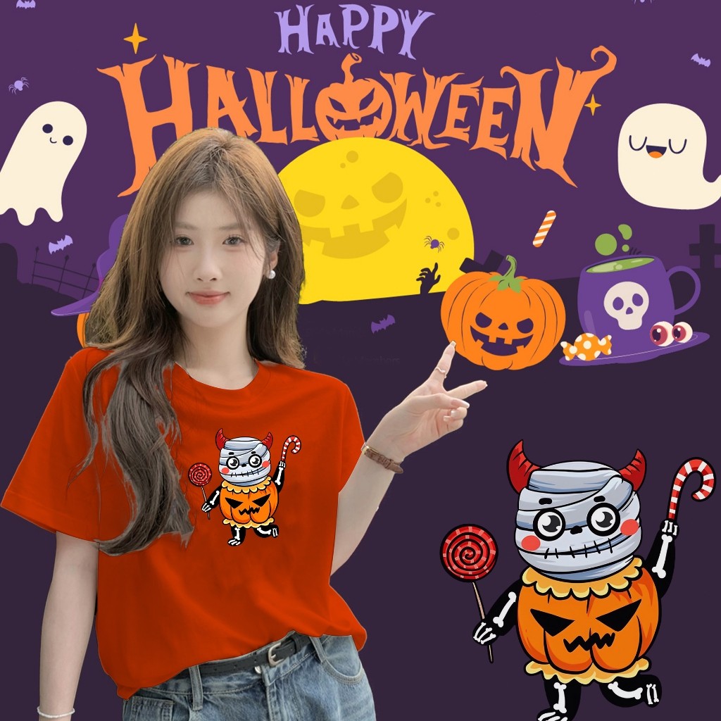 ปกติ✨[พร้อมส่ง] แขนสั้น Mummy&Halloween ผ้าฝ้ายคุณภาพสูง ไม่หดหรือยับ Happy Halloween unisex shirt_H