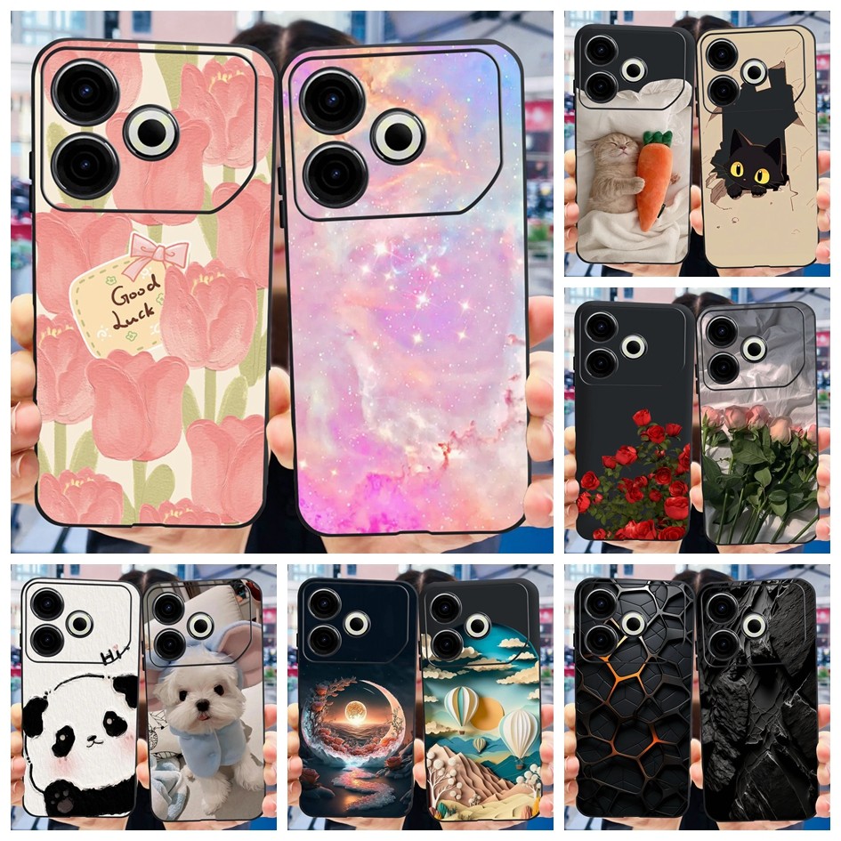 สําหรับ Tecno Pova 6 Neo 2024 กรณีดอกไม้ที่มีสีสันซิลิโคนสีดําฝาครอบโทรศัพท์สําหรับ Tecno Pova 6Neo 4G ปลอก Pova6neo กรณี