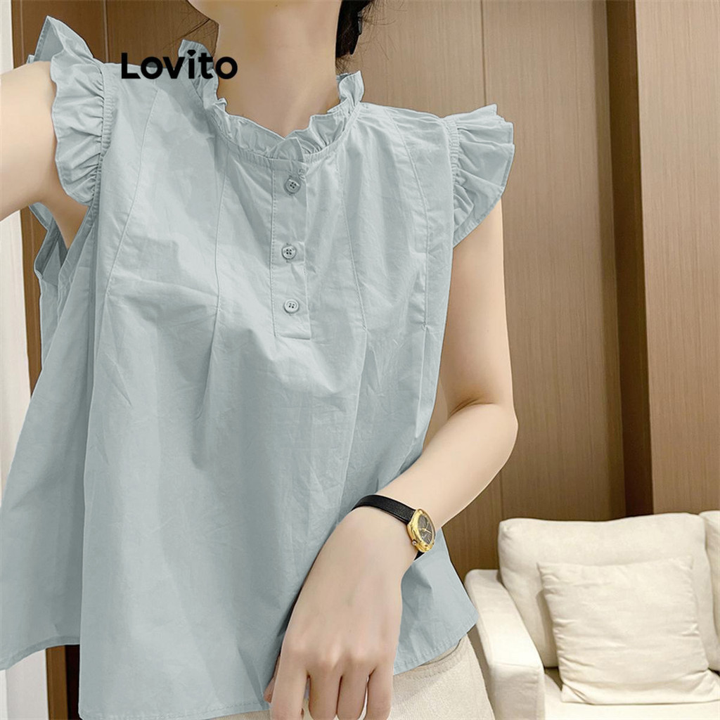 Lovito เสื้อเบลาส์ผู้หญิง แต่งขอบหยัก สีพื้น สไตล์ลำลอง LNE64102